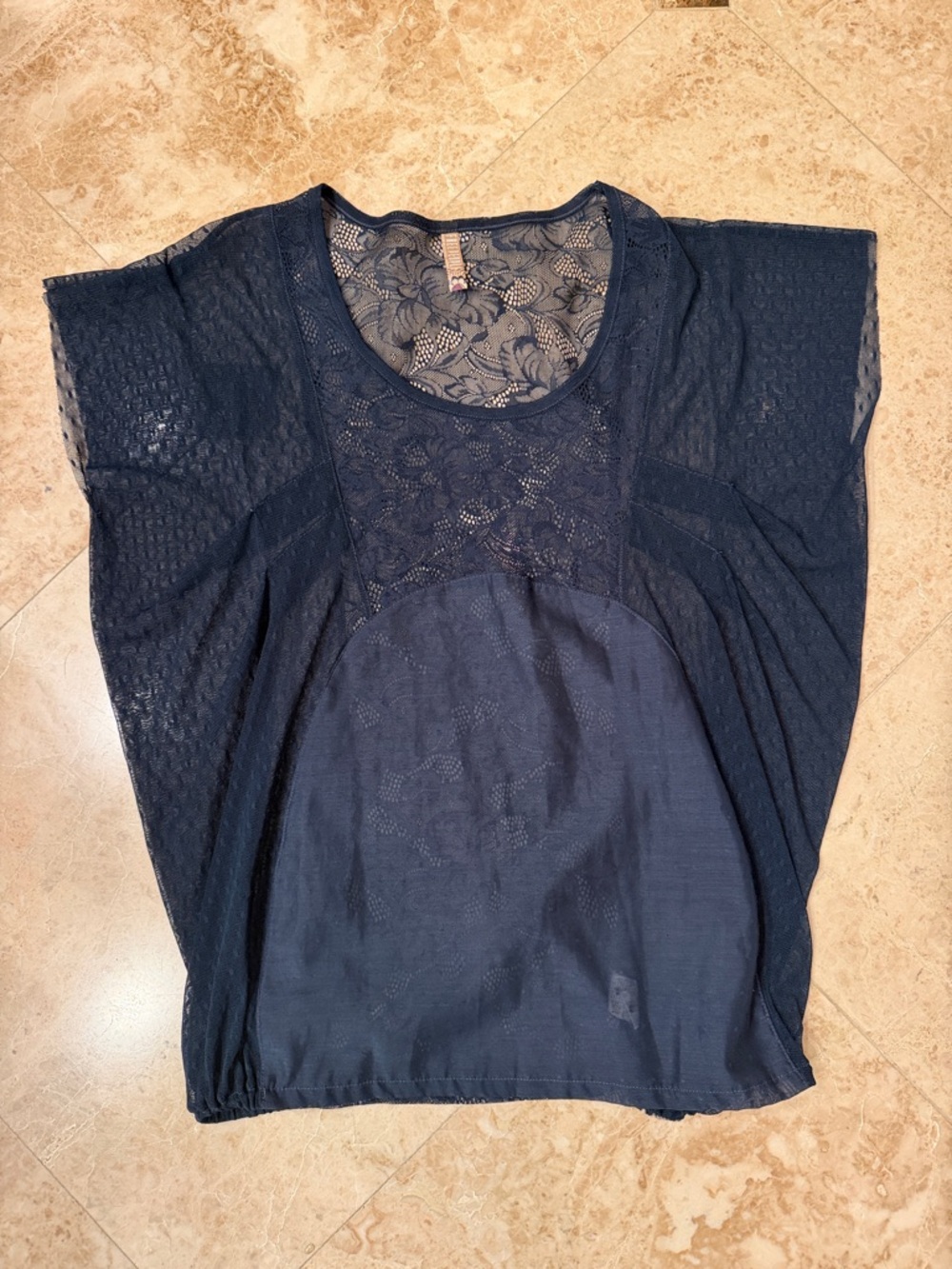 Free People Navy Lace Mixed-Material Short Sleeve Top